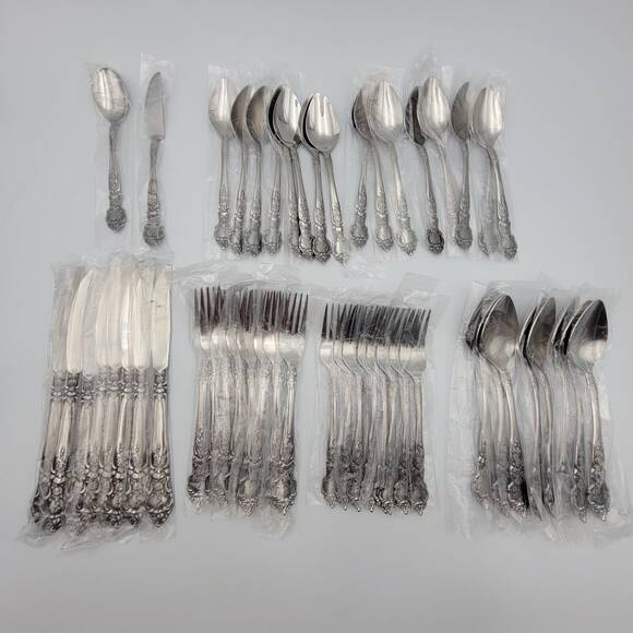 NS National Stainless Japan Rose and Leaf Service For 8 Vtg Set of 50 Pcs Rare - Picture 1 of 10